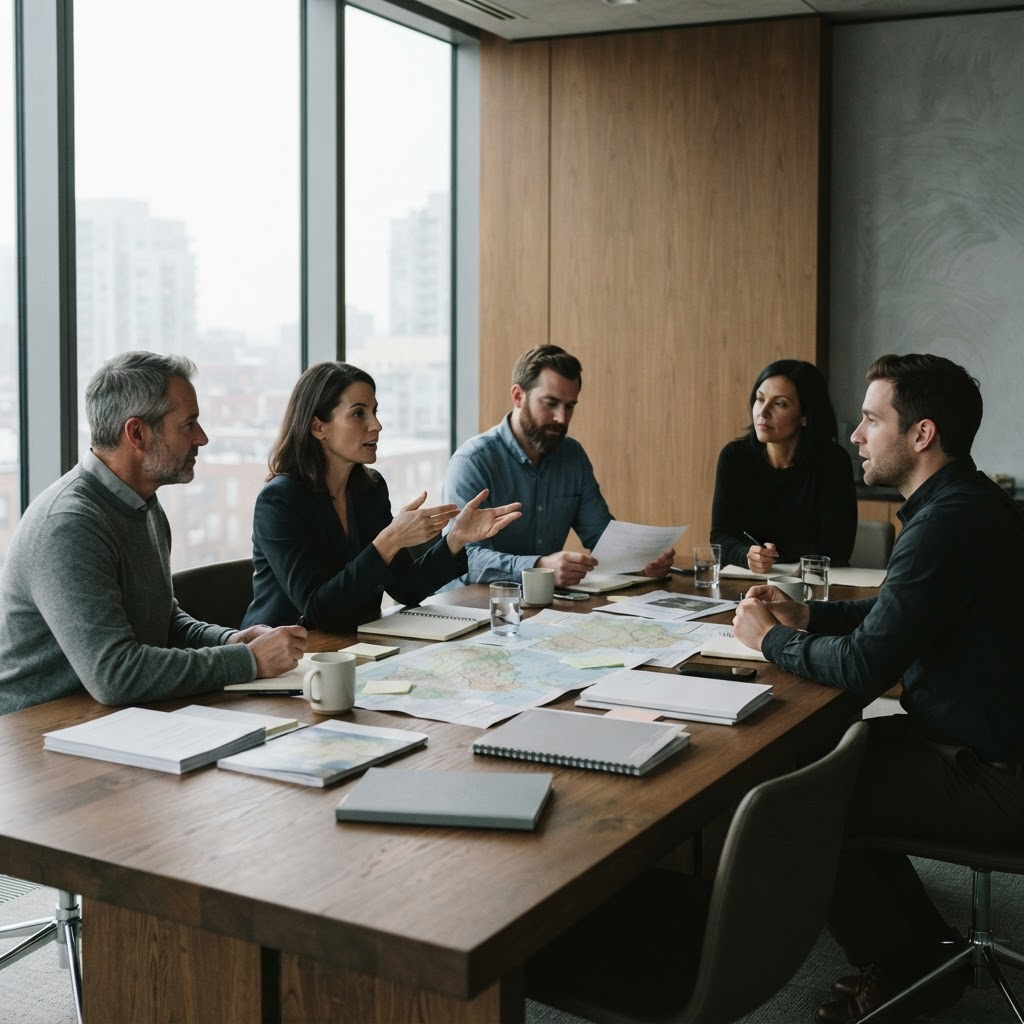 Professionals reviewing maps and reports around a boardroom table