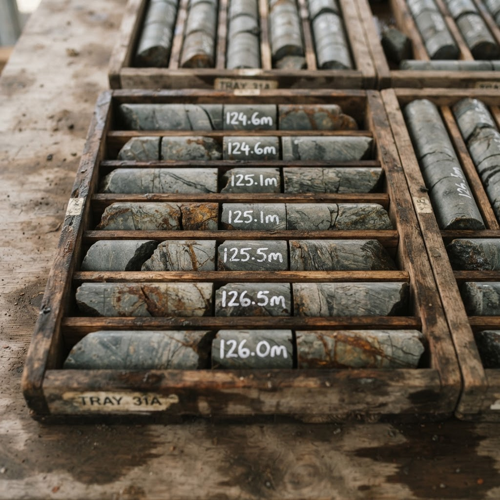 Mineral exploration drill core samples laid out in wooden core trays