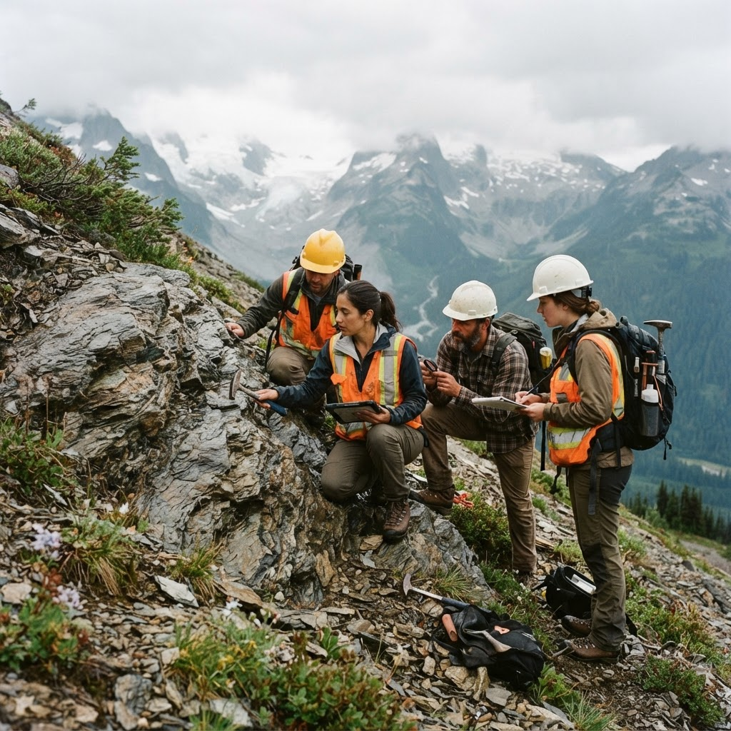 Field geologists examining a rock outcrop on an alpine slope