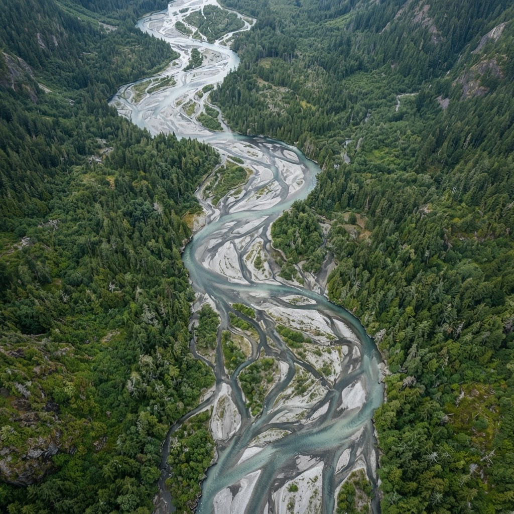 Aerial view of a braided glacial river in a forested mountain valley