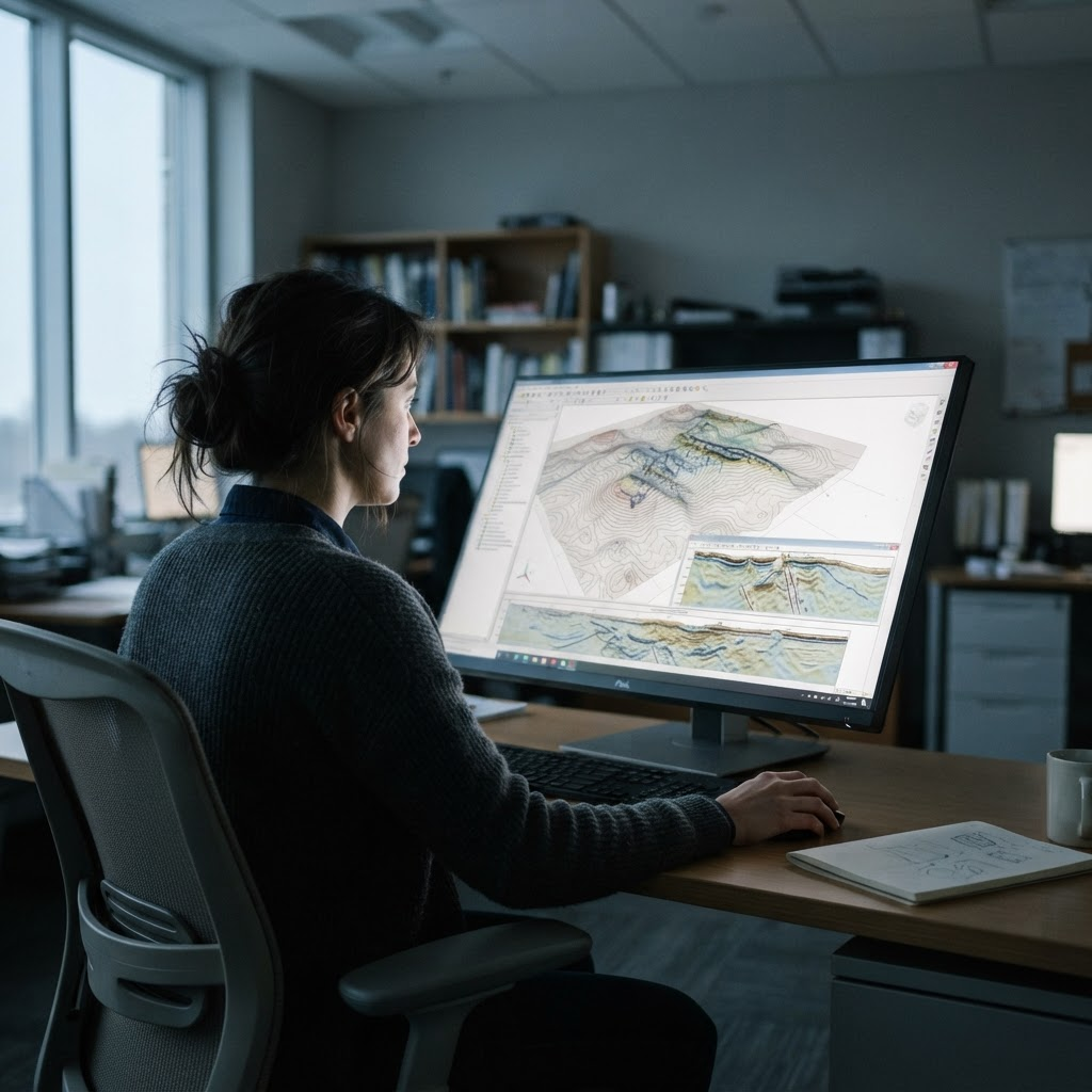 Geoscientist reviewing subsurface geophysical survey data on a monitor