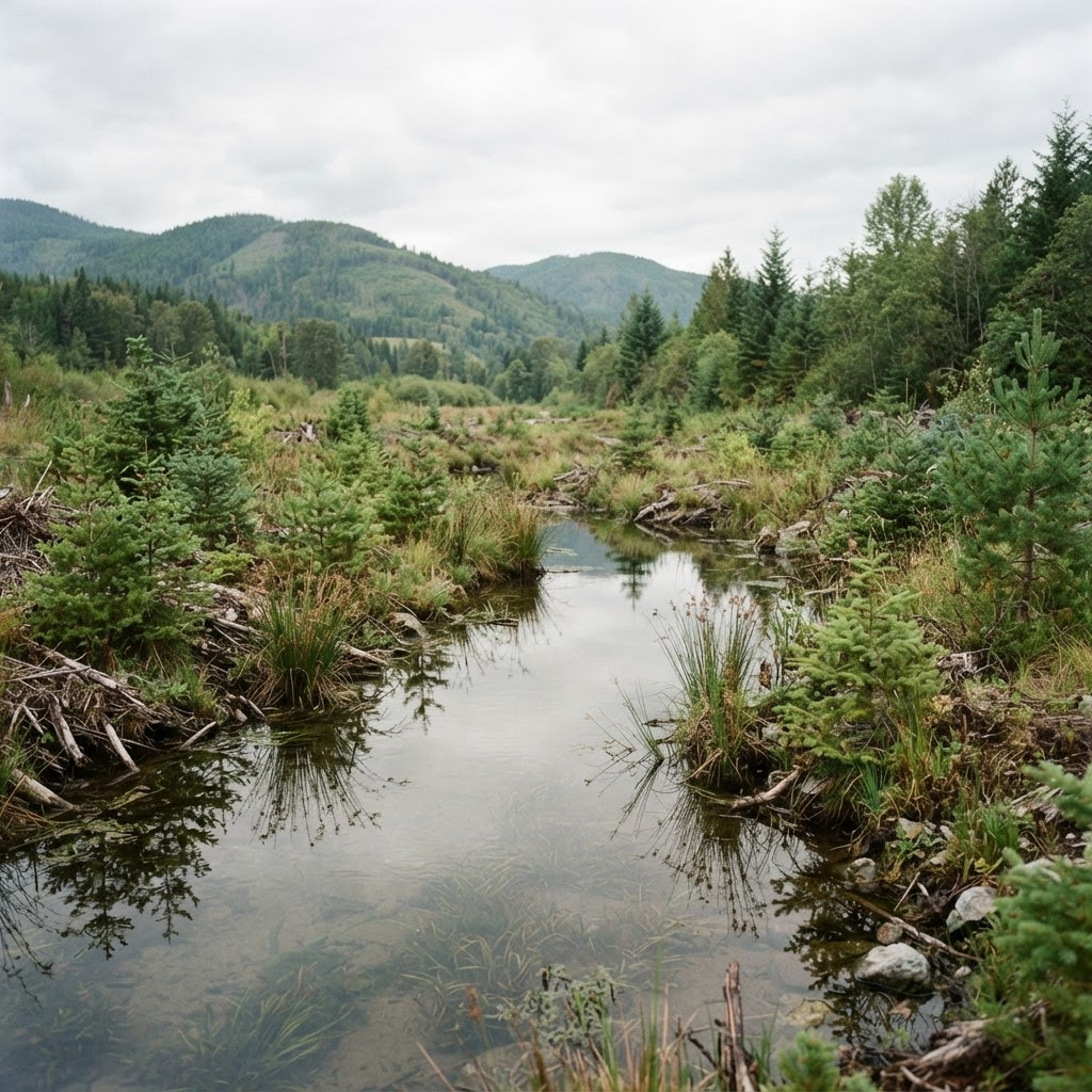 Restored wetland and riparian area with native sedges and young spruce saplings
